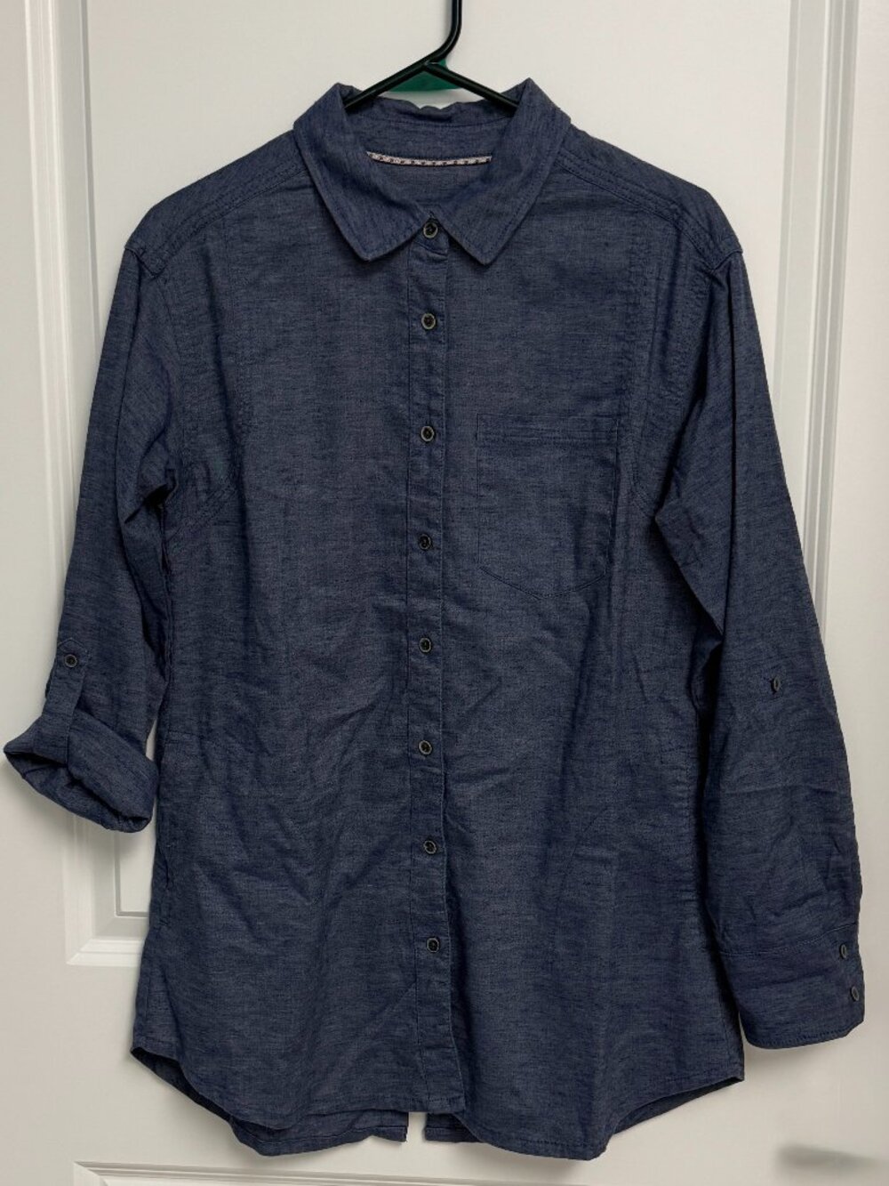 Prana Hemp Chambray Tunic Shirt Blue Denim Button Front Roll Tab S